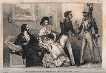 Kostüme unter der Herrschaft von Louis Philippe (1839). Gravur von 1859 in „Le Monde. Geschichte aller Völker von den frühesten Zeiten bis zur Gegenwart“ von M. E. de Lostalot-Bachoue. Private Sammlung.