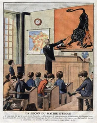 Benimmkurse in der Schule, ein Lehrer bringt den Schülern bei, wie man Schuhe poliert. Werbeillustration aus „Le petit journal“ vom 29.11.1925. Private Sammlung