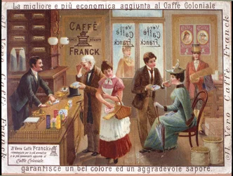 Kunden in einem Lebensmittelgeschäft, das Kaffee verkauft. Werbung für 