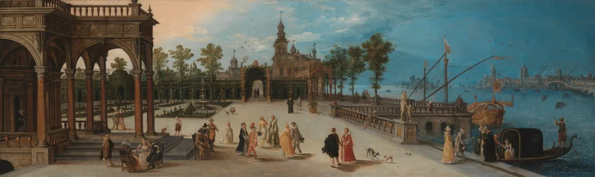Tanzgesellschaft im Vorhof eines imaginären Palastes mit Capriccio-Ansicht von Venedig in der Ferne