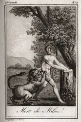Tod von Milon von Kroton, von einem Wolf verschlungen. Gravur von 1819 in „Lettres à Emilie sur la mythologie“ von Charles Albert Demoustier (1760-1801). Private Sammlung.