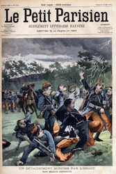 Abteilung von Soldaten von einem Sturm überrascht: sieben Soldaten werden getroffen, in „Le Petit Parisien“ am 19.05.1901 (Gravur)