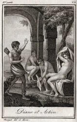 Diana und Actaeon. Diana überrascht im Bad von dem Jäger Actaeon. Gravur von 1819 in „Lettres à Emilie sur la mythologie“ von Charles Albert Demoustier (1760-1801). Private Sammlung