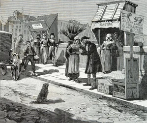 Hundeschneider auf der Pont Neuf in Paris um 1796, Gravur, Private Sammlung