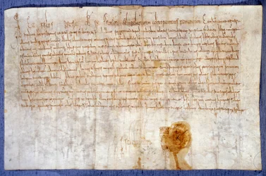 Schenkung von König Karl dem Großen (Karl I., Karl der Große oder Carolus Magnus) (742-814) von den Domänen Luzarches und Mussy an die Abtei von Saint Denis am 25.02.775. Paris, Nationalarchiv