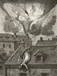 Dramatischer Tod von Madame Sophie Blanchard (1778-1819), Aeronautin am 6. Juli 1819 über den Gärten von Tivoli in Paris, Gravur, Private Sammlung