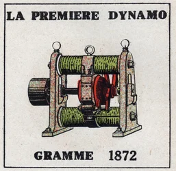 Dynamo: der erste Dynamo, erfunden von Zenobe Theophile Gram (1826-1901) im Jahr 1872. Anonyme Illustration von 1925. Private Sammlung.