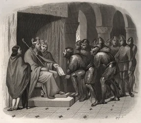Eduard der Bekenner (einer der letzten angelsächsischen Könige von England) - St. Eduard der Bekenner (1004-1066) gibt seinem Volk neue Gesetze. Gravur von 1846 in Lives of the Saints. Private Sammlung