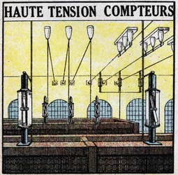 Elektrische Leitungen: Hochspannungsmesser. Anonyme Illustration von 1925. Private Sammlung.