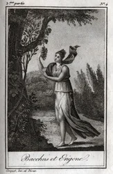 Erigo und Bacchus, Gravur von 1819 in „Lettres à Emilie sur la mythologie“ von Charles Albert Demoustier (1760-1801). Privatsammlung.