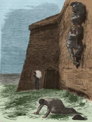 Flucht aus dem Rochefort Bagne im 19. Jahrhundert. Gravur in „Histoire des bagnes depuis leur création à nos jours“ (1877) von Pierre Zaccone. Private Sammlung.