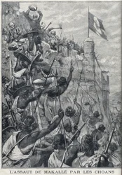 Äthiopien: Der Angriff auf Makalle durch die Choans von Menelik II. gegen die italienische Armee. Äthiopien. Gravur in „Le Petite Parisien“