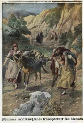 Erster Weltkrieg 1914-1918 (14-18): Frauen aus Montenegro transportieren verwundete Männer im Krieg auf dem Rücken von Maultieren oder auf ihren eigenen Schultern. Kupferstich in „Le Petit Journal“ vom 5/12/1915. Privatsammlung.