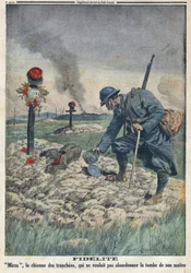 Erster Weltkrieg 1914-1918. Ein Hund weigert sich, das Grab seines toten Herrn im Schützengraben zu verlassen. In „Le Petite Journal“, am 10.09.1916. Private Sammlung