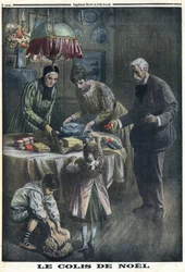 Erster Weltkrieg 1914-1918. Weihnachtsgeschenk: Kinder erhalten und packen Pakete aus, die sie von ihrem Vater an der Front am Heiligabend erhalten haben. In „Le Petit Journal“, am 24.12.1916. Private Sammlung