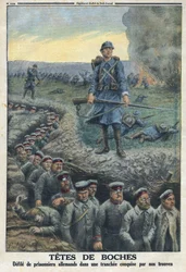 Erster Weltkrieg 1914-1918. „Kopfjäger“: Deutsche Gefangene marschieren in einem von den Truppen der französischen Armee eroberten Graben. In „Le Petite Journal“, am 5.03.1916. Private Sammlung