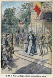 Erster Weltkrieg 1914-1918. Ihre Majestät die Königin der Belgier Elisabeth von Bayern (1876-1965) wurde mit dem Kriegskreuz ausgezeichnet. In „Le Petite Journal“