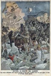 Erster Weltkrieg 1914-1918 (Krieg 14-18). Die deutsche Armee versucht, den Fluss Duna zu überqueren, aber die russische Artillerie schießt mit einer Kanone auf das Eis und ertränkt die deutsche Armee (im Text Boche genannt) In „The Petity Journal“