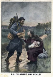 Erster Weltkrieg 1914-1918 (Krieg 14-18). Die Nächstenliebe der Haarigen: ein französischer Soldat hält auf einem Weg an, um einer Frau mit ihrem Baby Brot anzubieten. In „Le Petite Journal“, am 9.01.1916. Private Sammlung