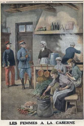 Erster Weltkrieg 1914-1918. Frauen bereiten Essen in den Kasernen-Küchen vor. Drei Köche bei der Kartoffelschälung. In 