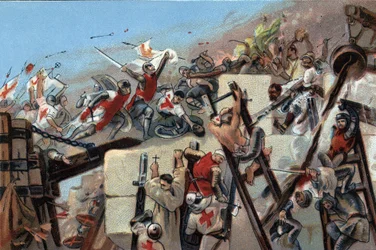 Erster Kreuzzug (1096-1099): die Eroberung Jerusalems durch die Kreuzfahrer unter der Führung von Godefroy von Bouillon (1061-1100) am 15. Juli 1099. Werbechromolithographie von Antoine Chocolates in Brüssel, Anfang des 20. Jahrhunderts. Private Sammlung