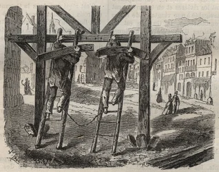 Sträflingszimmerleute im Toulon-Bagne im 19. Jahrhundert. Gravur in „Histoire des bagnes depuis leur création à nos jours“ (1877) von Pierre Zaccone (1817-1895). Private Sammlung.