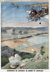 Französische Armee: „Erfahrungen mit dem Abwurf von Bomben aus Flugzeugen“. Gravur in „Le Petit Journal“, am 14.04.1912. Private Sammlung.
