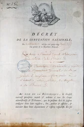 Französische Revolution: Dekret des Konvents vom 11./12.1792, das die Nationalgarde anweist, König Ludwig XVI. aus dem Tempelgefängnis vor Gericht zu bringen. Paris. Polizeipräfektur