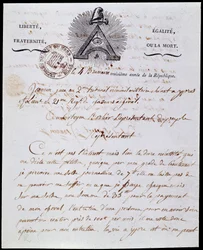 Französische Revolution: erste Seite und Kopfzeile eines militärischen Verwaltungsschreibens vom 4. Nebelmonat Jahr III (25.10.1794) datiert 18. Frimaire Jahr III (08.12.1794) mit der republikanischen Inschrift „Freiheit Gleichheit, Brüderlichkeit oder Tod