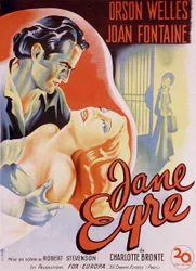Französisches Filmplakat für den Film „Jane Eyre“ geschrieben von Charlotte Bronte und inszeniert von Robert Stevenson 1944 mit den Schauspielern Orson Welles als Edward Rochester und Joan Fontaine als Jane. Private Sammlung.