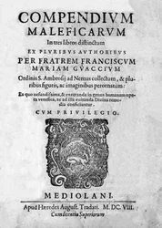 Frontispiz von „Compendium Maleficarum“, behandelt Hexen, ihre Bosheit und ihre Zauberei von Francesco Maria Guazzo oder Guaccio oder Guaccius (15?? -16??) 1608