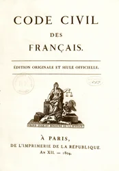 Frontispiz einer der zwölf Originalausgaben des „Code civil des français“, verkündet von Napoleon Bonaparte am 21.03.1804. Französisches Zivilgesetzbuch.
