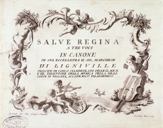 Frontispiz einer Partitur des Salve Regina Hymnus für drei Stimmen von Marquis von Ligneville (1768)