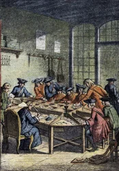 Geschichte der Post: ein Sortierraum unter der Herrschaft von Ludwig XV. (18. Jahrhundert). Detail aus „Le petit journal“ vom 15.04.1920. Private Sammlung
