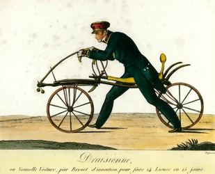 Geschichte des Fahrrads: die Draisine, ein sehr beliebtes neues Fahrzeug um 1818. Gravur von 1818. Private Sammlung