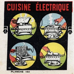 Haushaltsanwendungen der Elektrizität: elektrische Küche mit Grill. Anonyme Illustration von 1925. Private Sammlung.