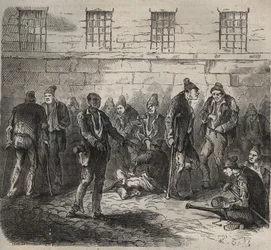 Schwache Kräfte im Toulon Bagne im 19. Jahrhundert. Gravur in „Histoire des bagnes depuis leur création à nos jours“ (1877) von Pierre Zaccone. Private Sammlung.