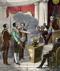 Aufnahme eines französischen Freimaurers in die Bruderschaft - Aufnahme (Zeremonie) eines Freimaurers - Kupferstich von 1879 in „Histoire des Sociétés Secrètes, Politiques et Religions“ von Pierre Zaccone (1817-1895)