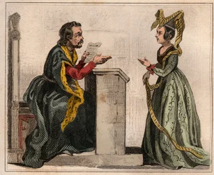 Jehan Pastoret (1328-1405), Präsident des Pariser Parlaments unter der Herrschaft von Karl V. mit einer adligen Frau, die einen Liripion trägt. Gravur von 1859 in „Le Monde. Geschichte aller Völker von den frühesten Zeiten bis zur Gegenwart“ von M. E. de L