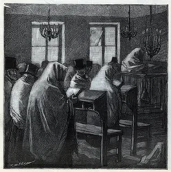 Jüdische Feste: Gläubige während des Gebets in einem Oratorium während der Feiertage. Gravur in „Le monde illustré“ von 1892. Private Sammlung.