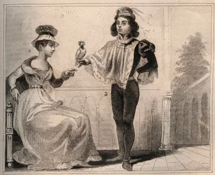 Johann II. von Valois, Herzog von Alençon (1409-1476) mit Marie de Fayel. Gravur von 1859 in „Le Monde. Geschichte aller Völker von den frühesten Zeiten bis zur Gegenwart“ von M. E. de Lostalot-Bachoue. Private Sammlung