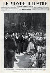 Reise von Sadi Carnot (1837-1894) nach Savoyen: Der Präsident der Republik wird in Chambéry von jungen Mädchen mit einem Blumenstrauß begrüßt. Eine Zeitung. Gravur in „Le monde illustré“ von 1892. Private Sammlung.