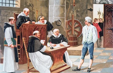 Urteil am Hof von Ginebra des spanischen Theologen Miguel Serveto, der 1553 wegen Ketzerei auf dem Scheiterhaufen verbrannt wurde