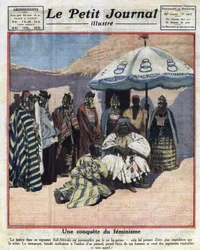 Rechtsdurchsetzung und Feminismus in schwarzen afrikanischen Ländern: Ein südafrikanischer König berät sich mit seinen Frauen, bevor er ein Urteil fällt. Illustration aus „Le petit journal“ vom 18.12.1921. Private Sammlung
