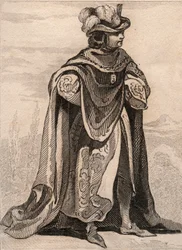Ritter des Ordens Unserer Lieben Frau vom Distel. Gravur von 1859 in „Le Monde. Geschichte aller Völker von den frühesten Zeiten bis zur Gegenwart“ von M. E. de Lostalot-Bachoue. Private Sammlung