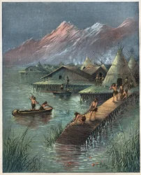 Pfahlbaudorf, prähistorische Pfahlbausiedlung. Gravur von 1892.