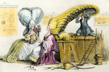 Große exzentrische Frisuren: junge Frauen des Adels mit Perücke gestylt. Gravur von 1788. Privatsammlung