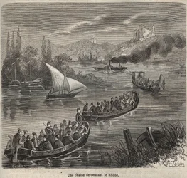 Das Zuchthaus von Toulon - eine Kette, die die Rhone hinuntergeht - Gravur in „Histoire des bagnes depuis leur création à nos jours“ (1877) von Pierre Zaccone (1817-1895)