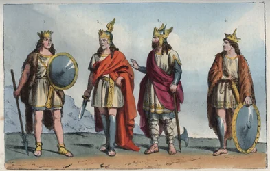 Die Merowinger - Merowinger-Dynastie - Pharamond oder Faramund - Chlodio (Clodius, Clodion, Cloio oder Chlogio) (Clodion der Langhaarige) (ca. 390 - ca. 450) - Merovech (Merowig, ca. 412-457) und Chlodwig (ca. 466-511) - Gravur aus „Usi e Costumi di Tutti 