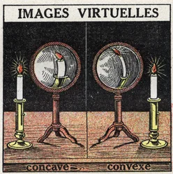 Lichtreflexion: virtuelles Bild mit konkavem Spiegel (links) und konvexem Spiegel (rechts). Anonyme Illustration von 1925. Private Sammlung.
